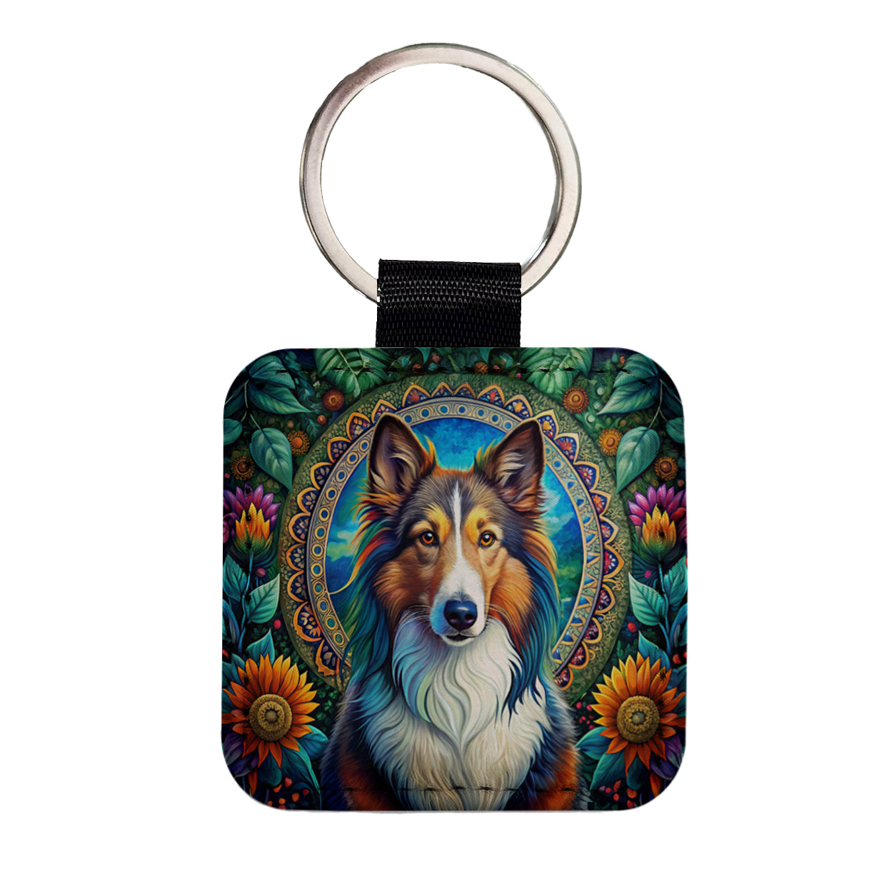 Collie Dog Bohemian Art Square Faux Leather Keychain
