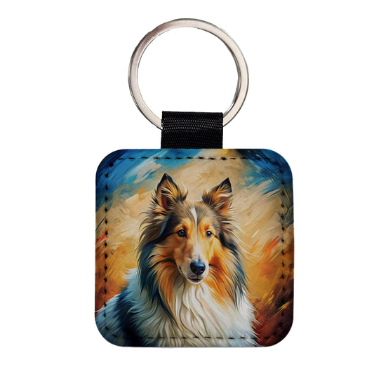 Collie Dog Expressionism Art Square Faux Leather Keychain