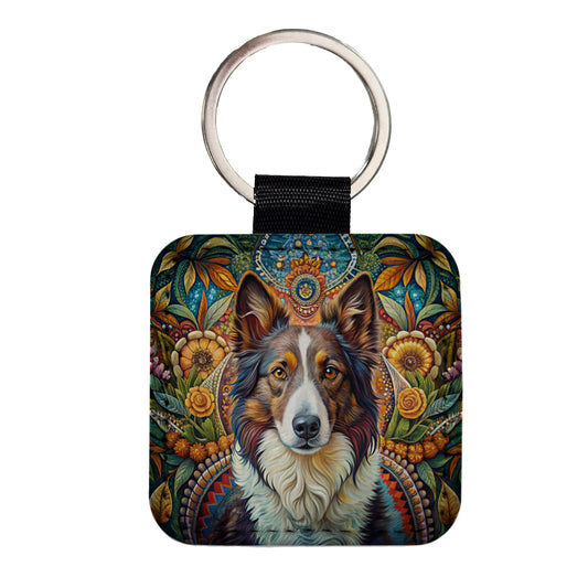 Collie Dog French Bohemian Art Square Faux Leather Keychain
