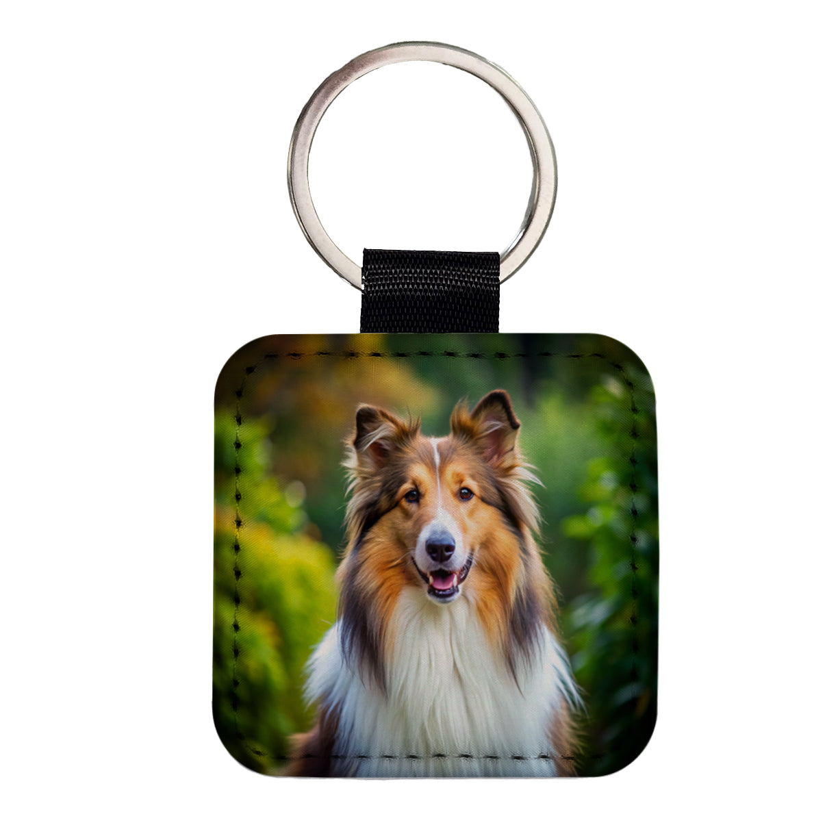 Collie Dog Photo Square Faux Leather Keychain