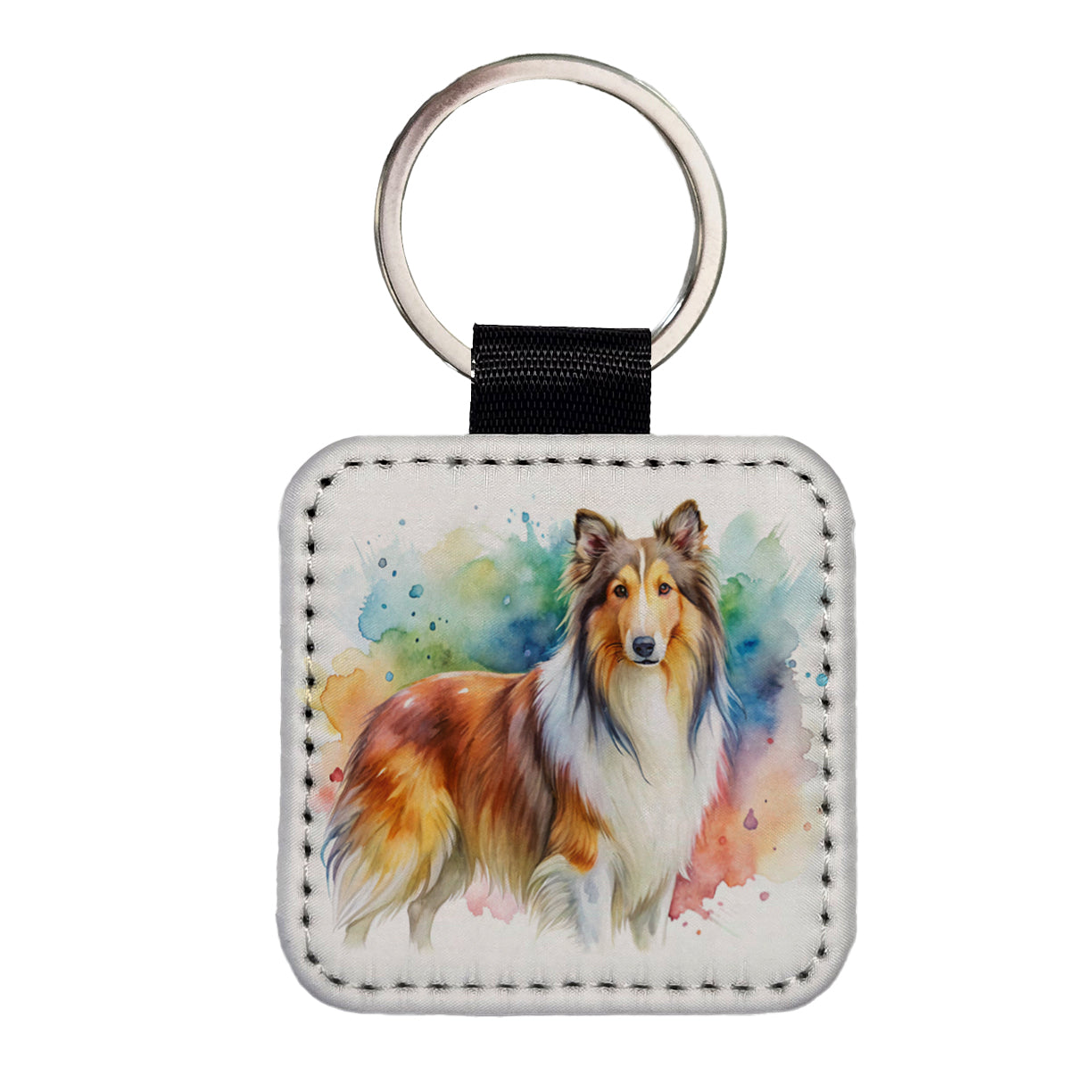 Collie Dog Watercolor Style Square Faux Leather Keychain