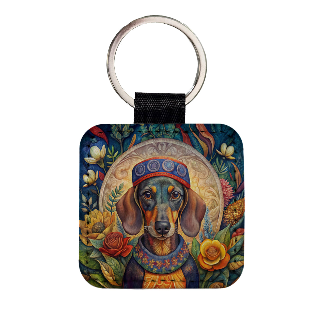 Dachshund Dog French Bohemian Art Square Faux Leather Keychain