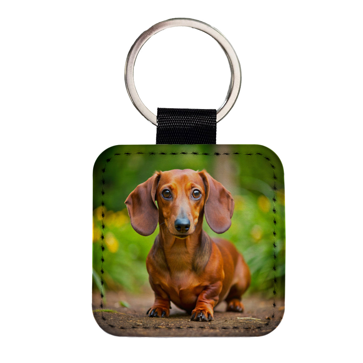 Dachshund Dog Photo Square Faux Leather Keychain