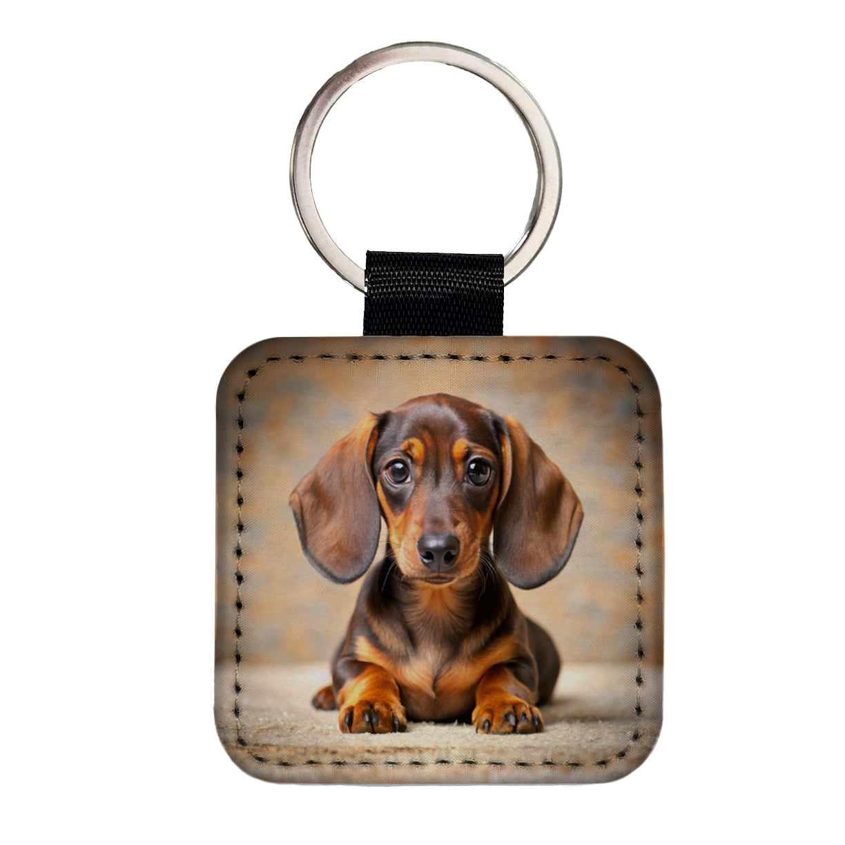 Dachshund Dog Puppy Photo Square Faux Leather Keychain