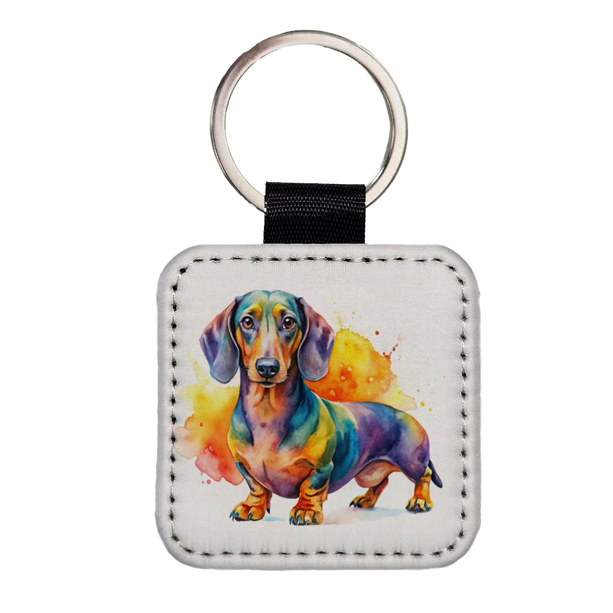 Dachshund Dog Watercolor Style Square Faux Leather Keychain