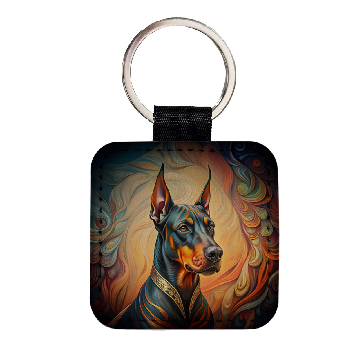 Doberman Pinscher Dog Art Nouveau Square Faux Leather Keychain