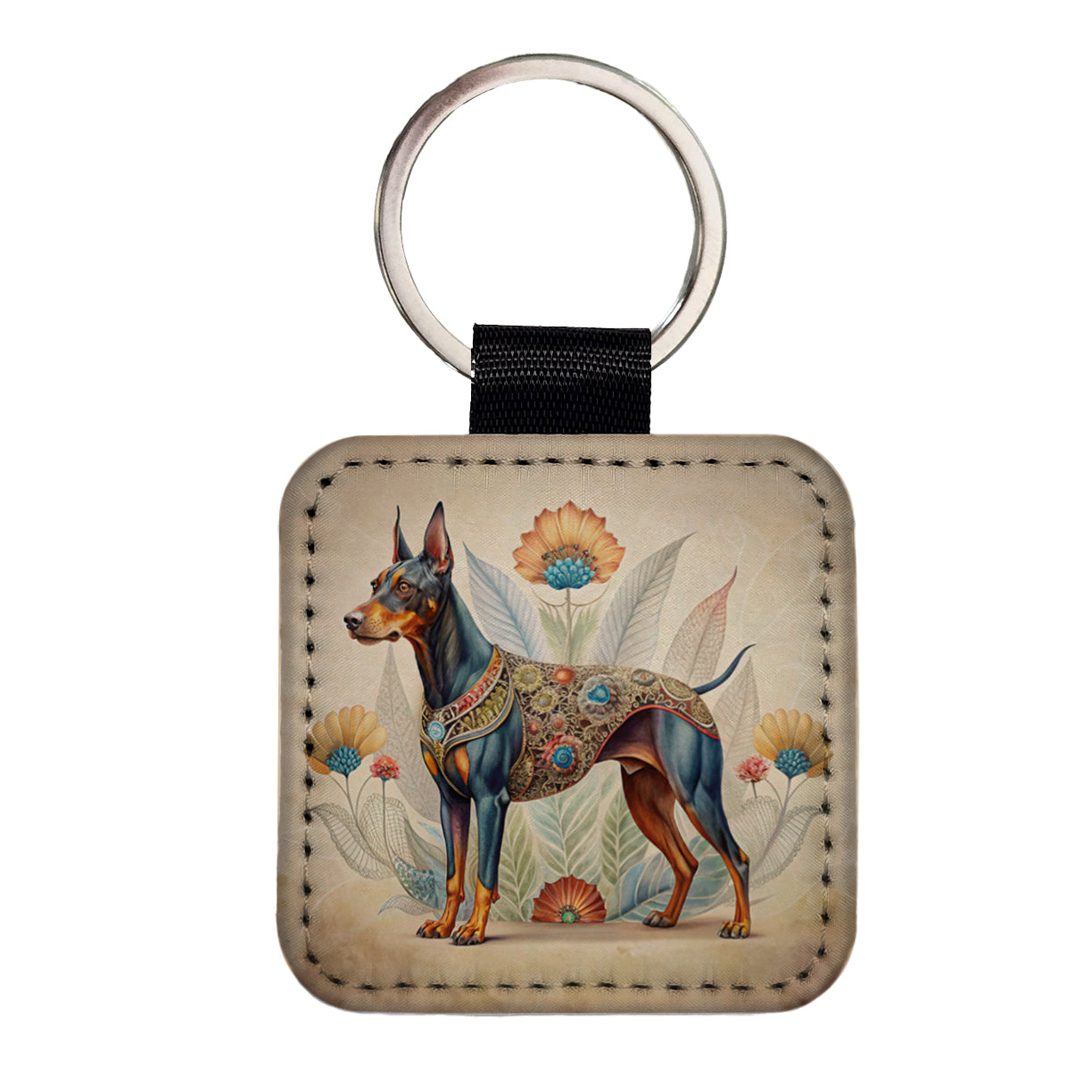 Doberman Pinscher Dog French Bohemian Art Square Faux Leather Keychain