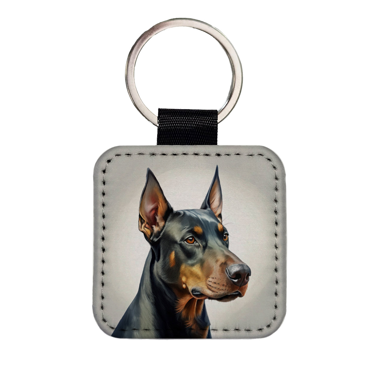 Doberman Pinscher Dog Illustration Square Faux Leather Keychain