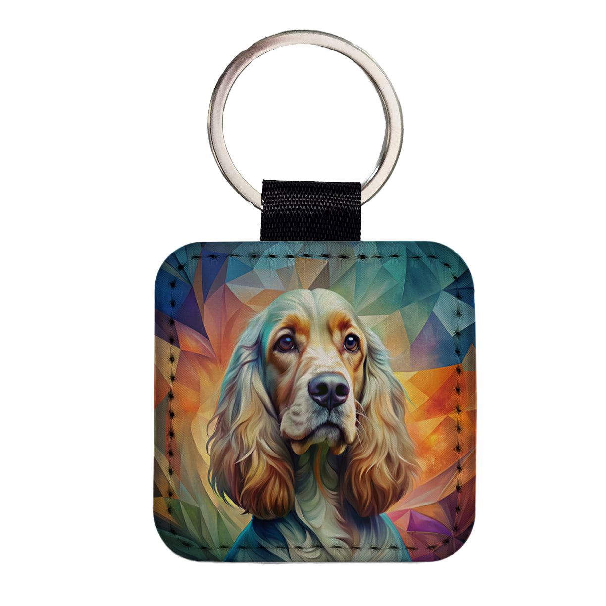 English Cocker Spaniel Dog Abstract Art Square Faux Leather Keychain