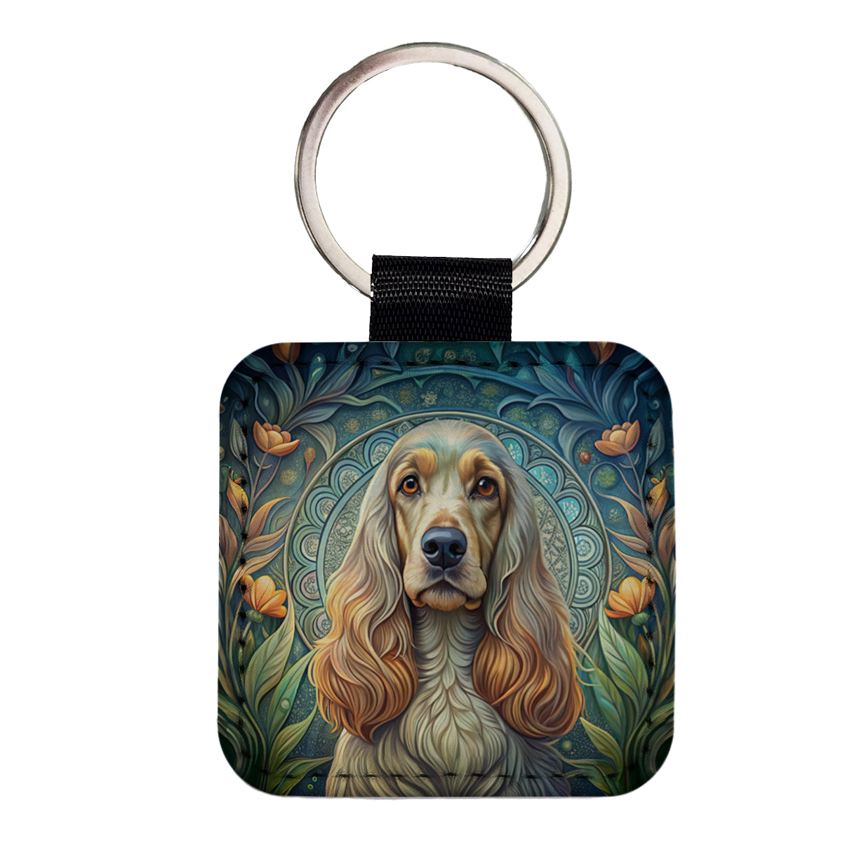 English Cocker Spaniel Dog Art Nouveau Square Faux Leather Keychain