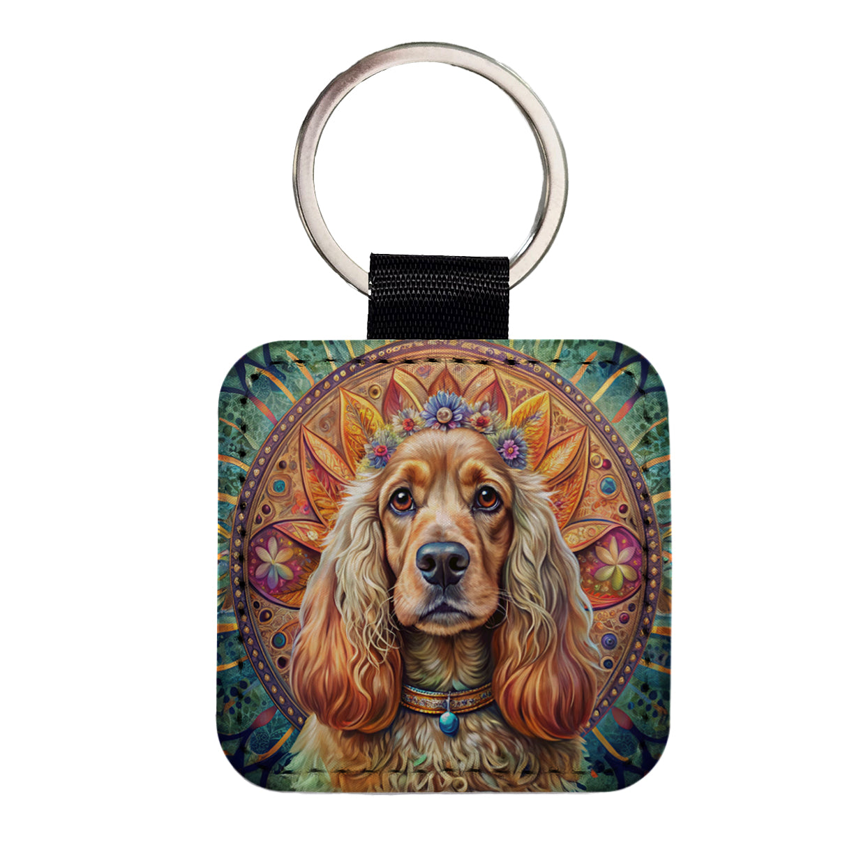 English Cocker Spaniel Dog Bohemian Art Square Faux Leather Keychain