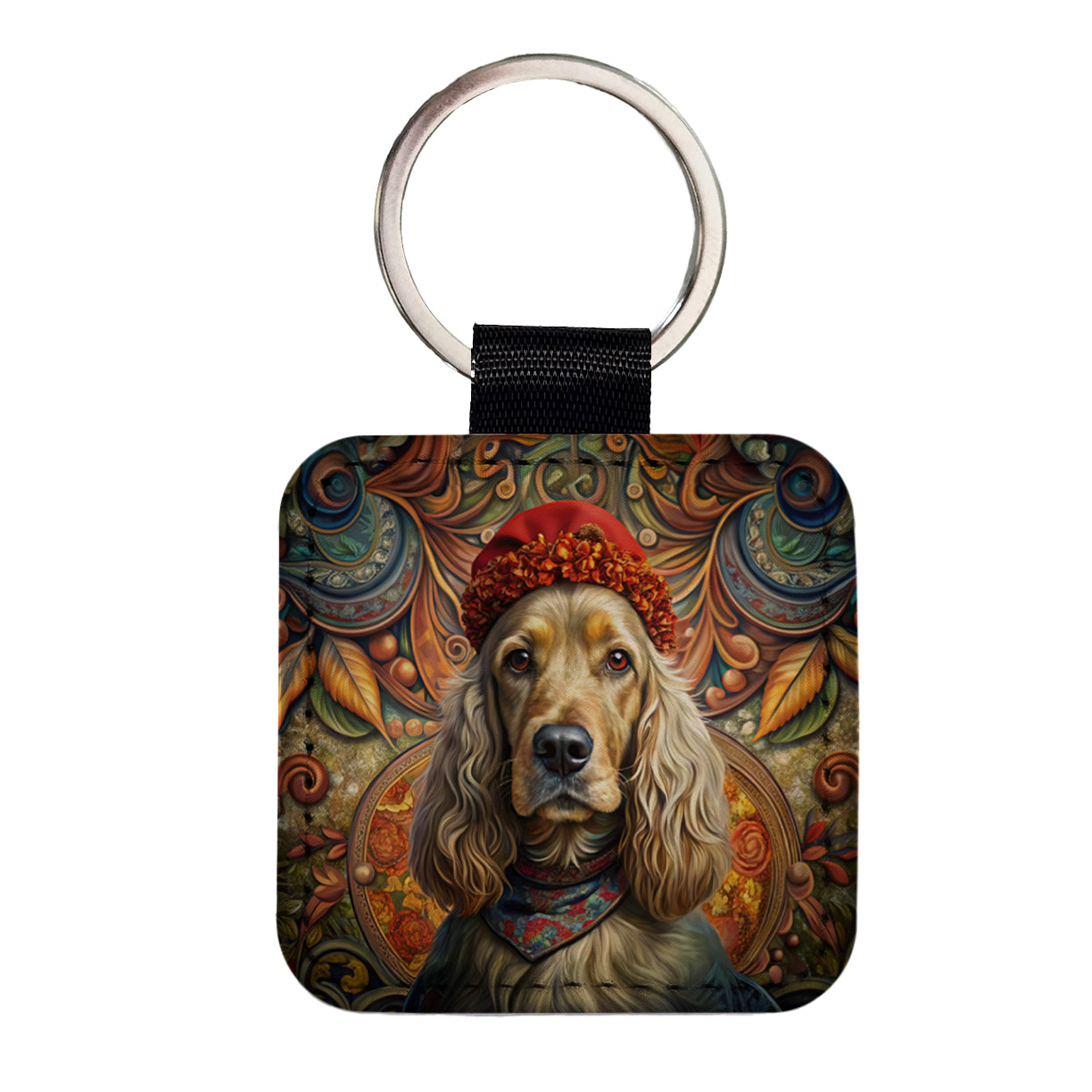 English Cocker Spaniel Dog French Bohemian Art Square Faux Leather Keychain
