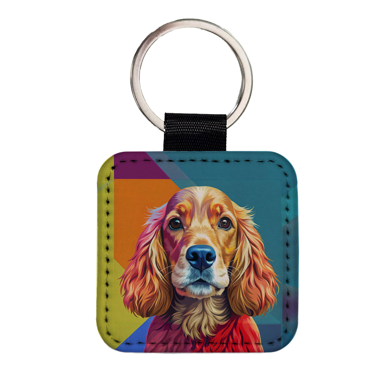 English Cocker Spaniel Dog Pop Art Square Faux Leather Keychain
