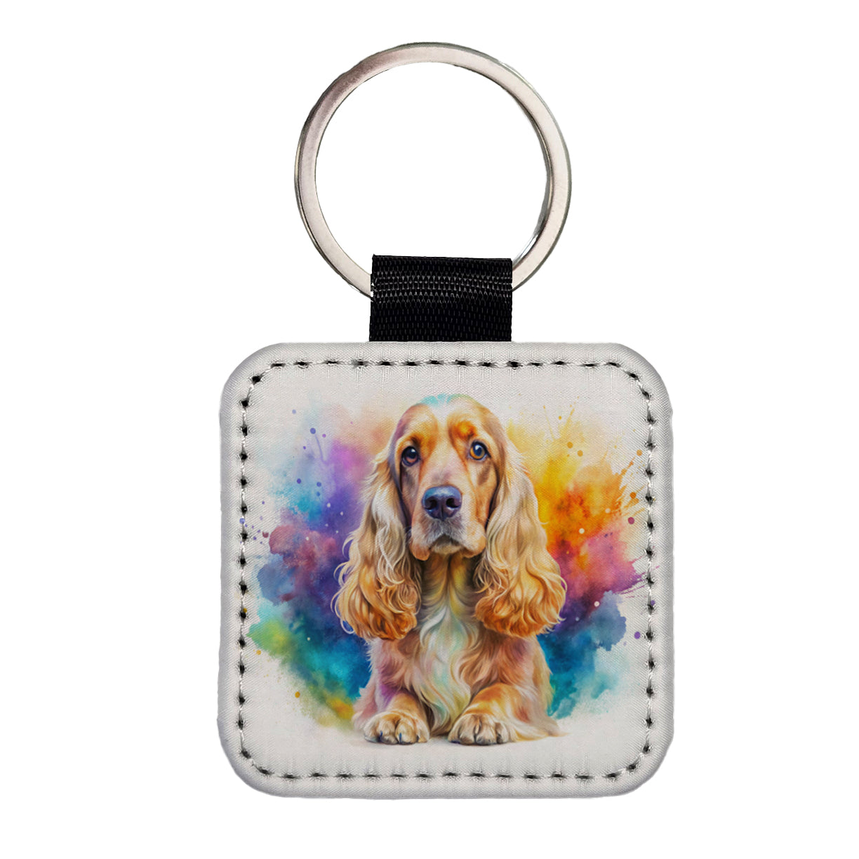 English Cocker Spaniel Dog Watercolor Style Square Faux Leather Keychain