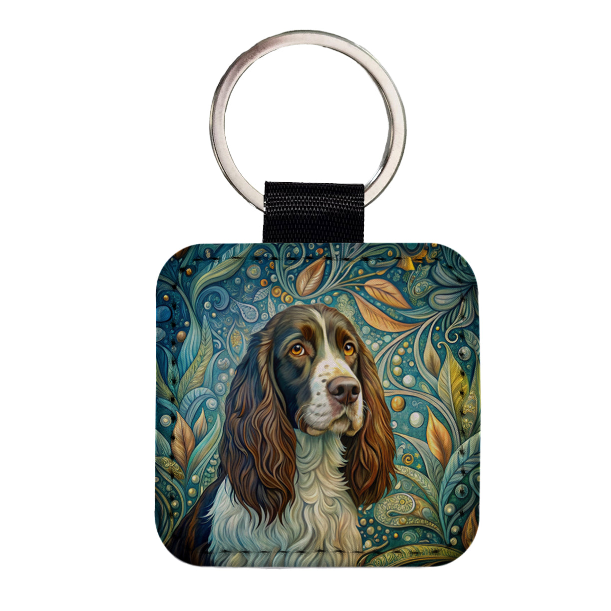 English Springer Spaniel Dog Art Nouveau Square Faux Leather Keychain
