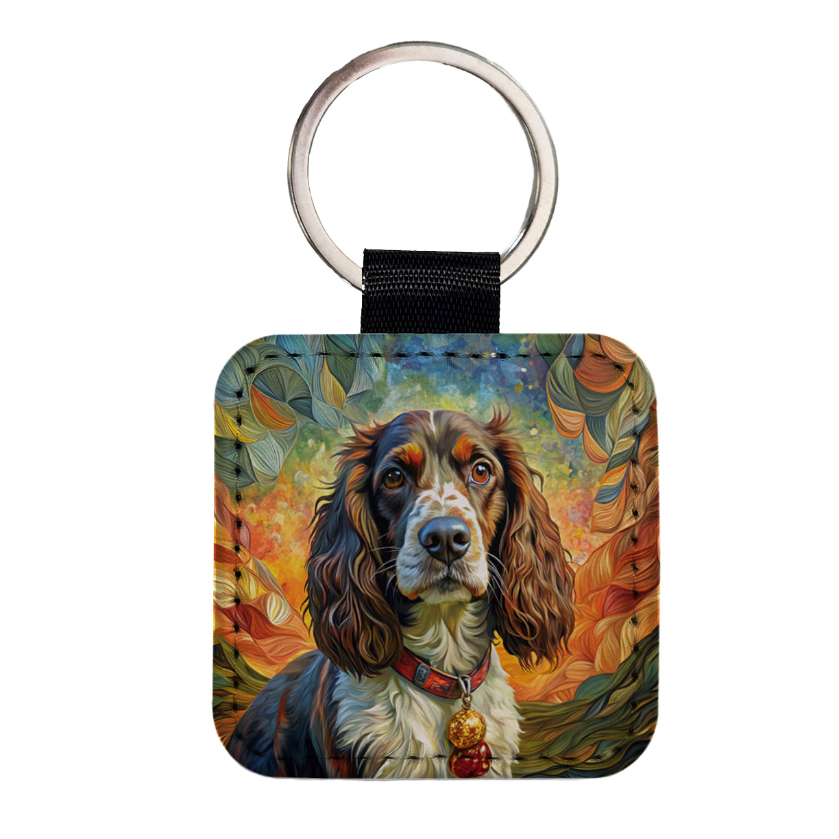 English Springer Spaniel Dog Bohemian Art Square Faux Leather Keychain