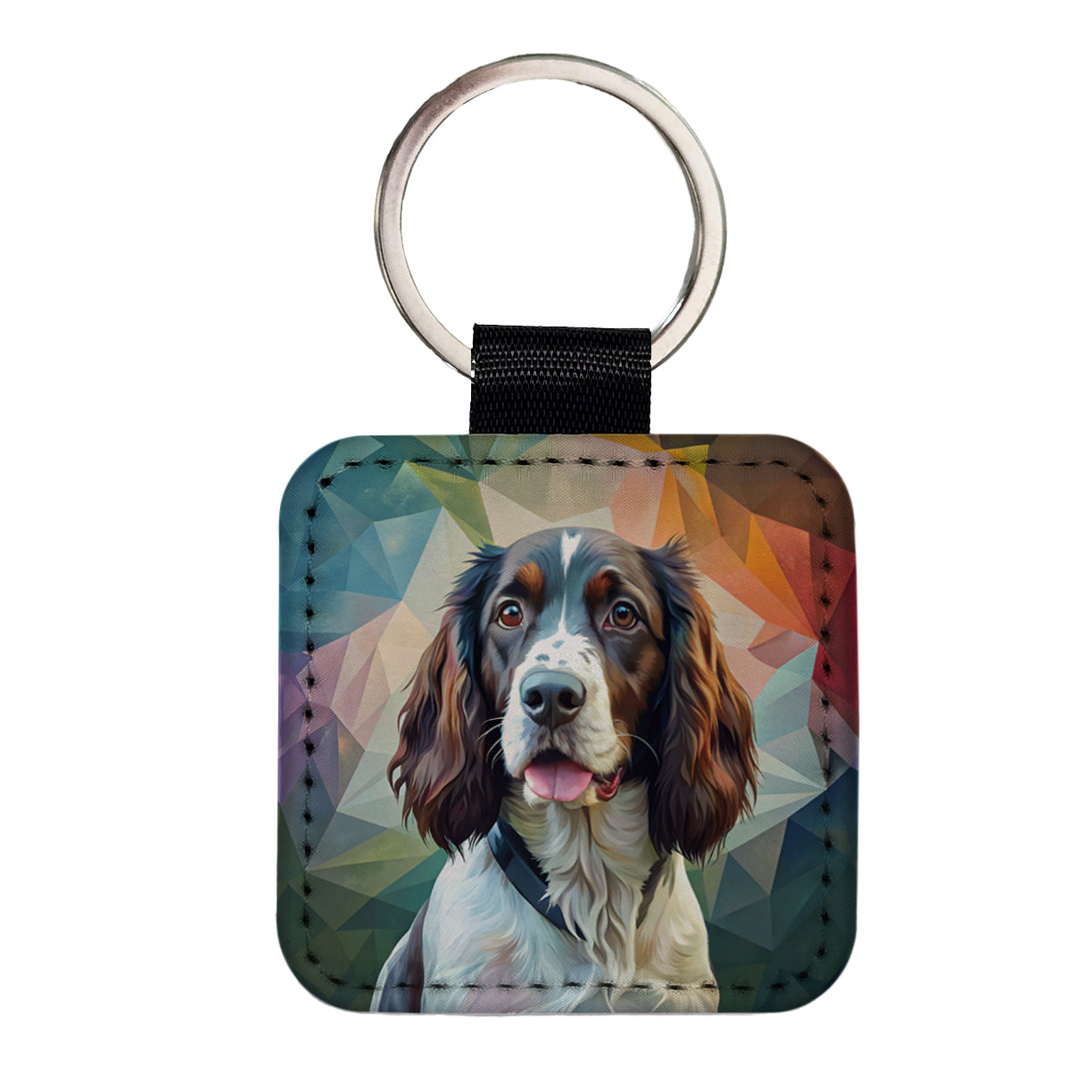 English Springer Spaniel Dog Contemporary Art Square Faux Leather Keychain