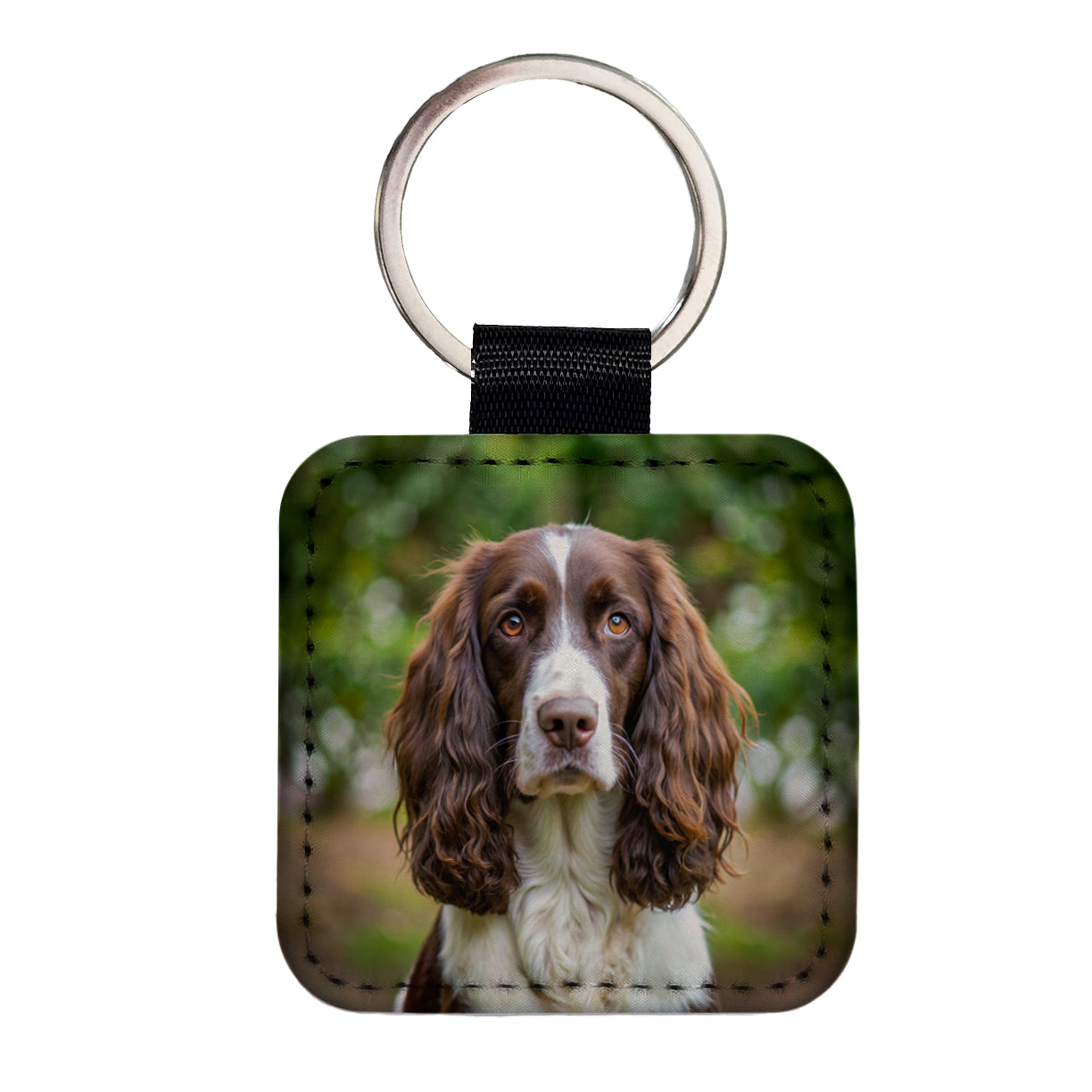 English Springer Spaniel Dog Photo Square Faux Leather Keychain
