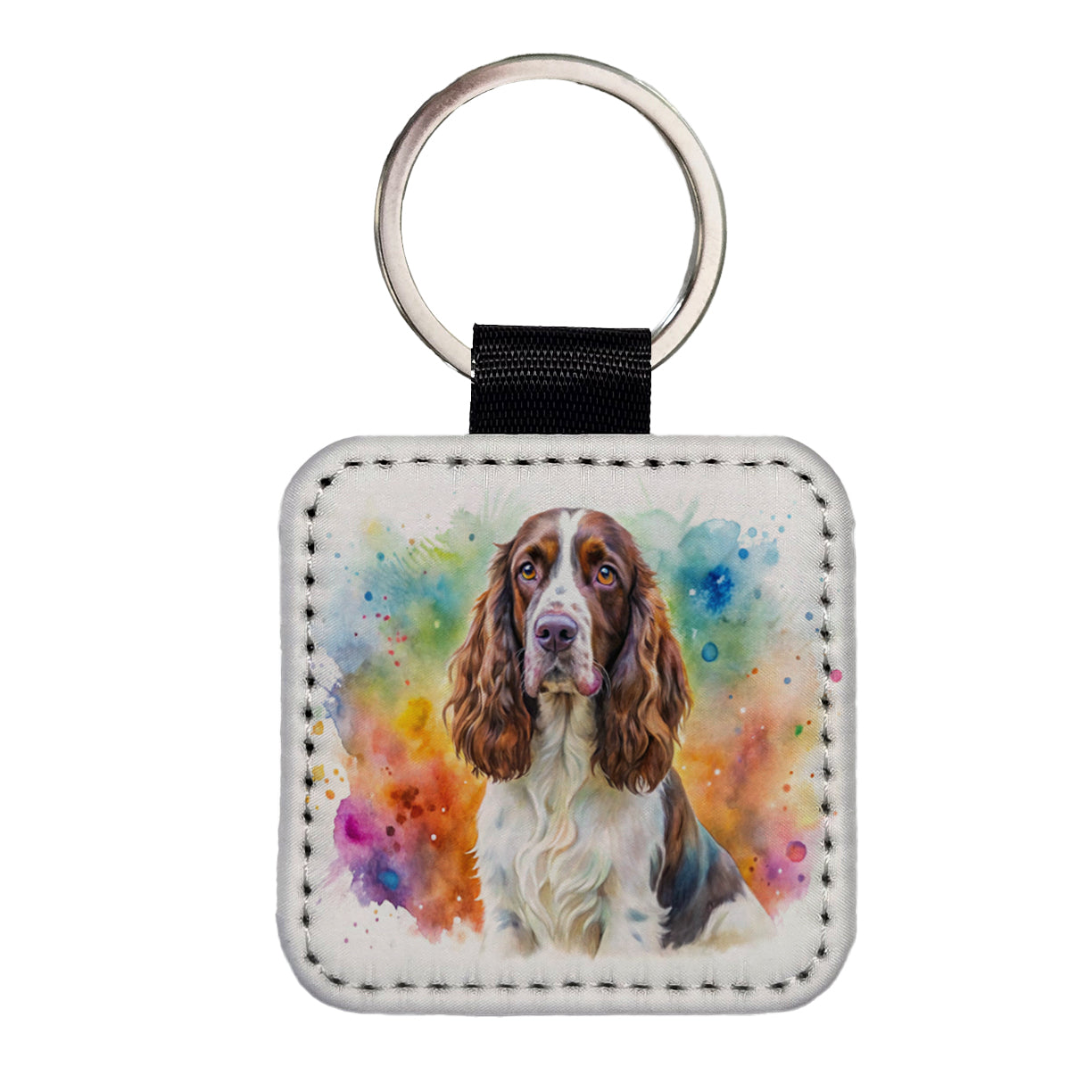 English Springer Spaniel Dog Watercolor Style Square Faux Leather Keychain