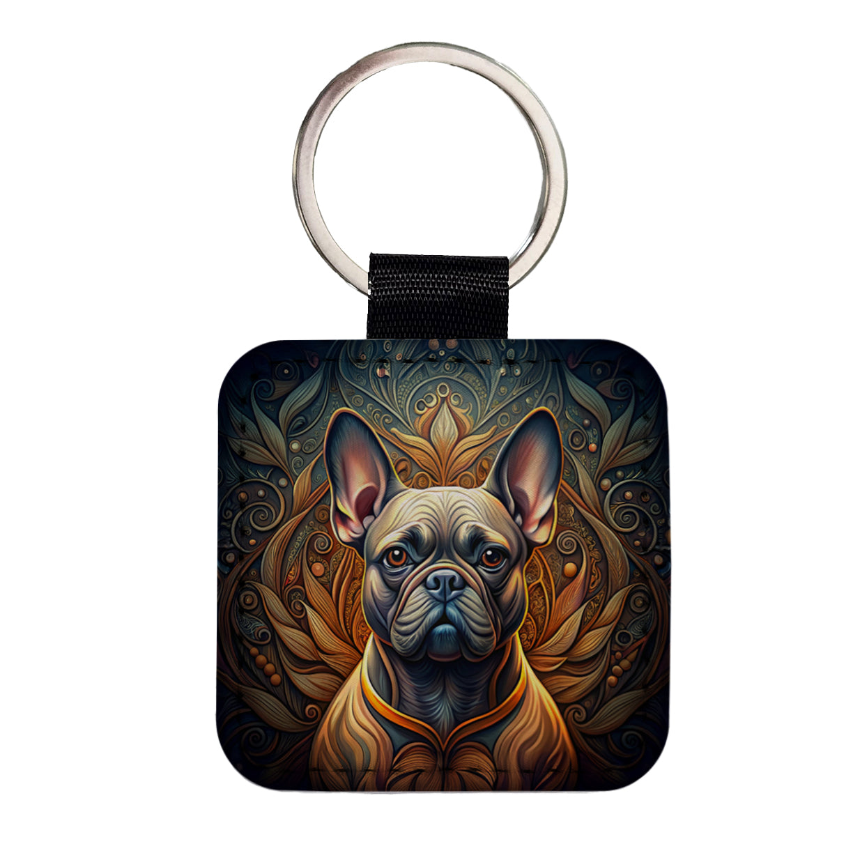 French Bulldog Frenchie Dog Art Nouveau Square Faux Leather Keychain