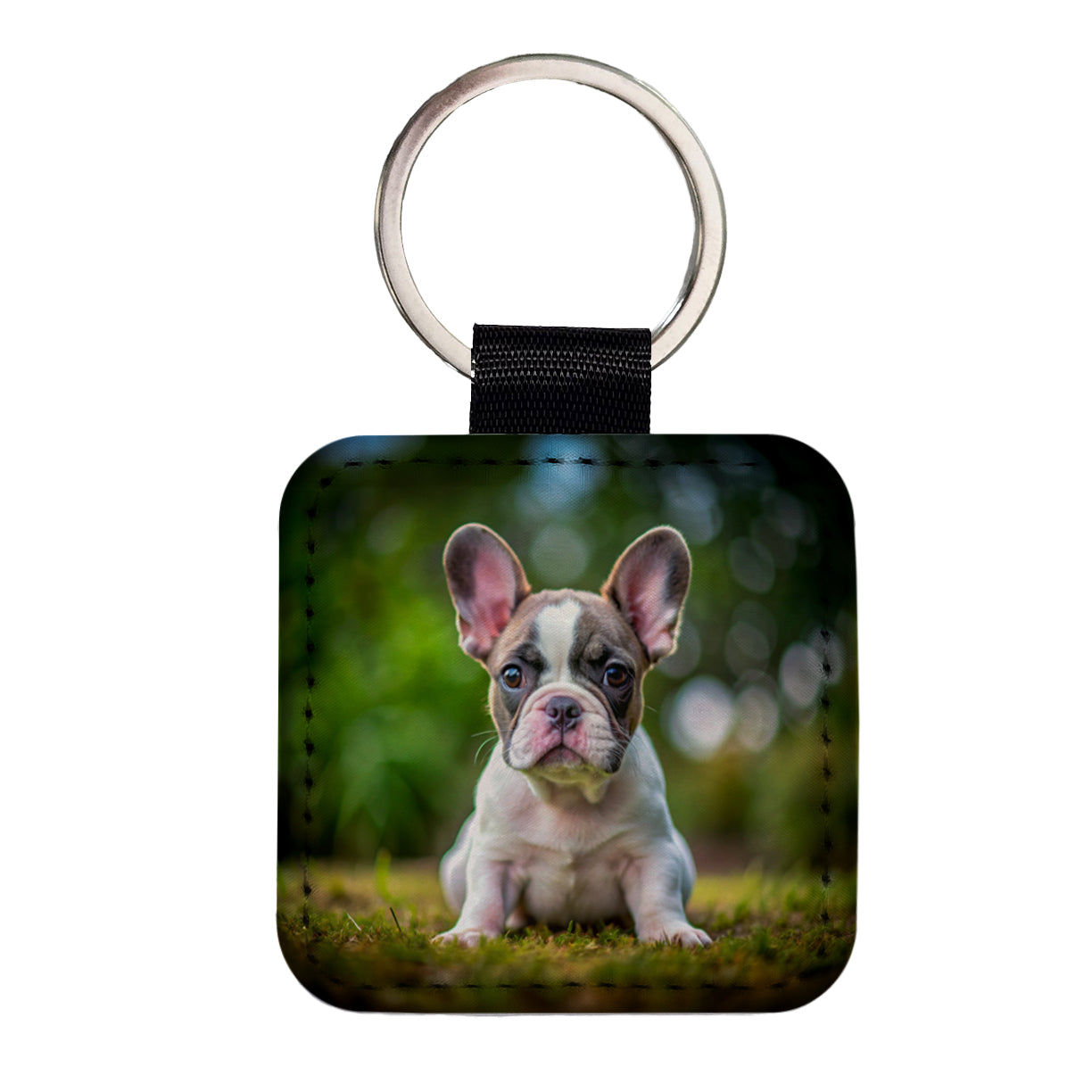 French Bulldog Frenchie Dog Puppy Photo Square Faux Leather Keychain