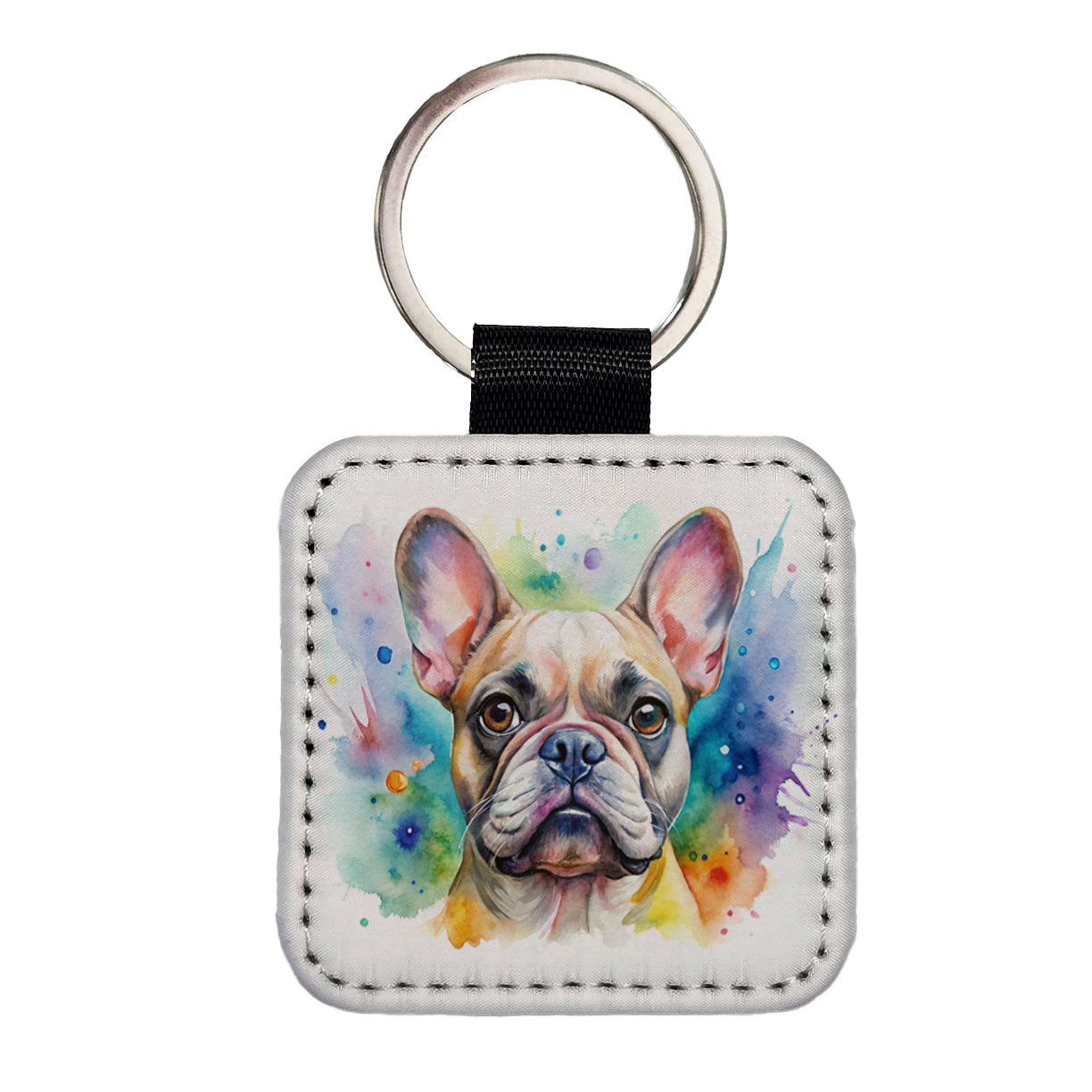 French Bulldog Frenchie Dog Watercolor Style Square Faux Leather Keychain