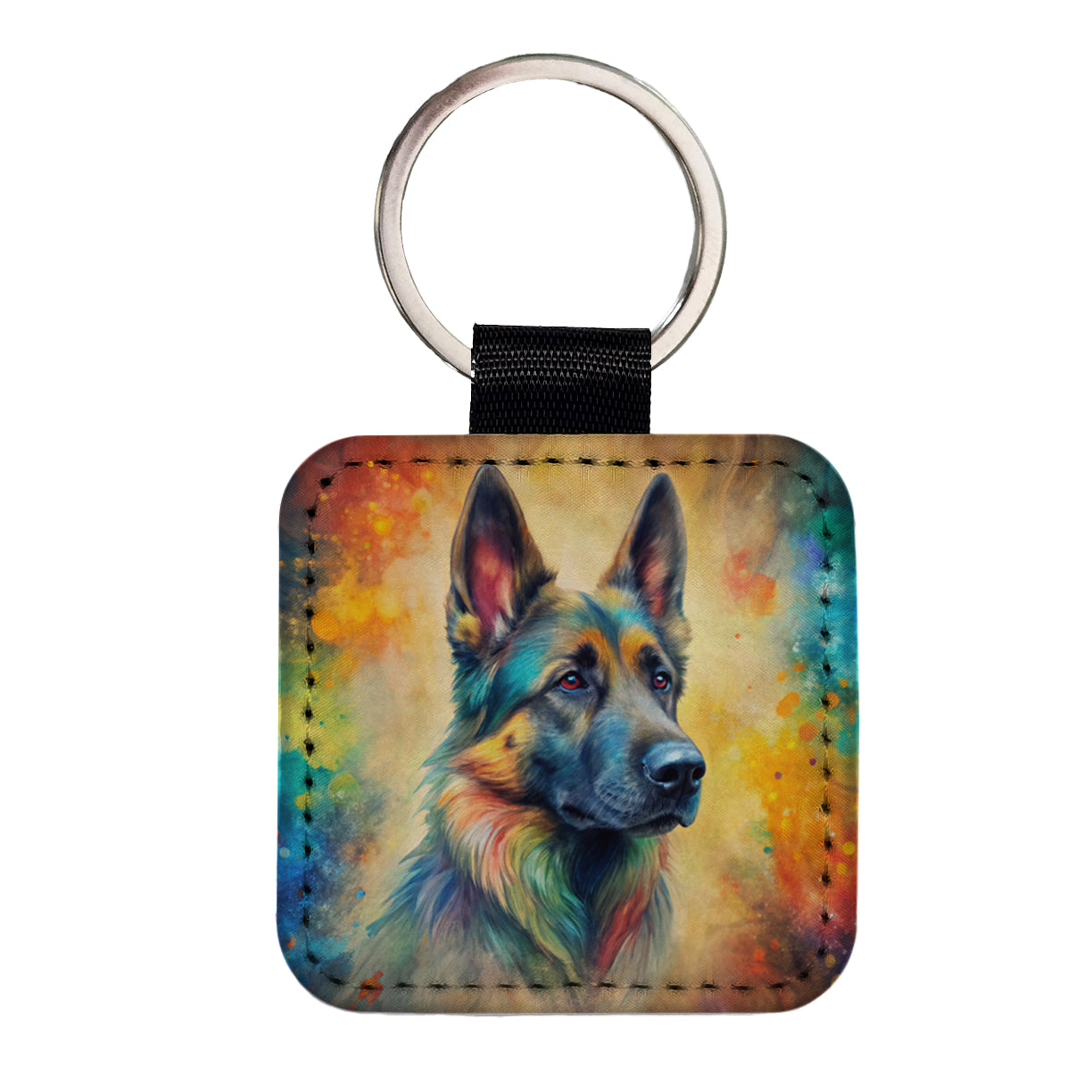 German Shepherd Dog Abstract Art Square Faux Leather Keychain