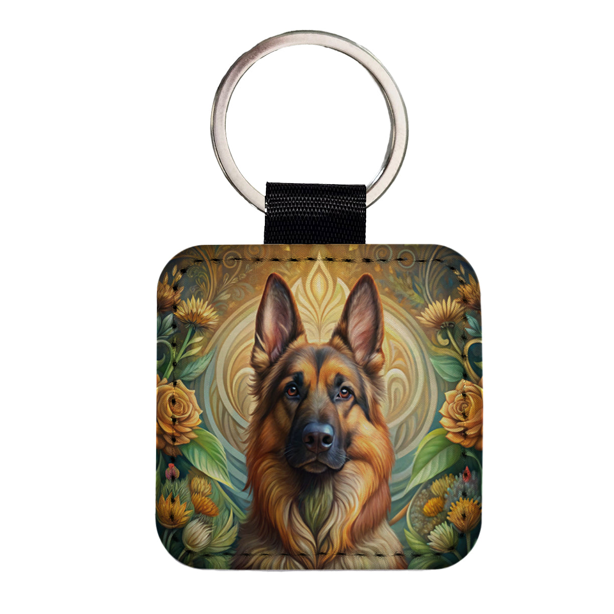 German Shepherd Dog Art Nouveau Square Faux Leather Keychain