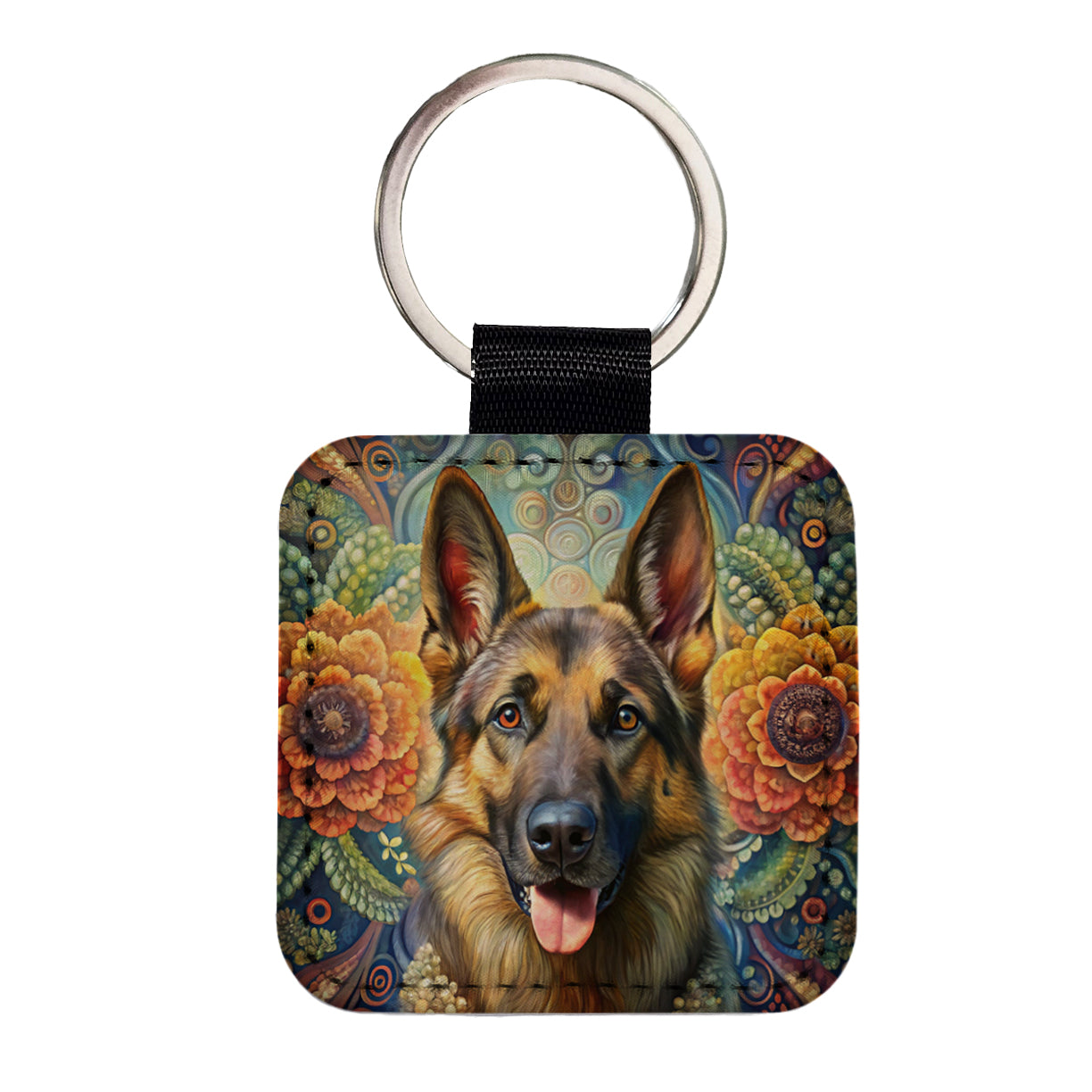 German Shepherd Dog Bohemian Art Square Faux Leather Keychain