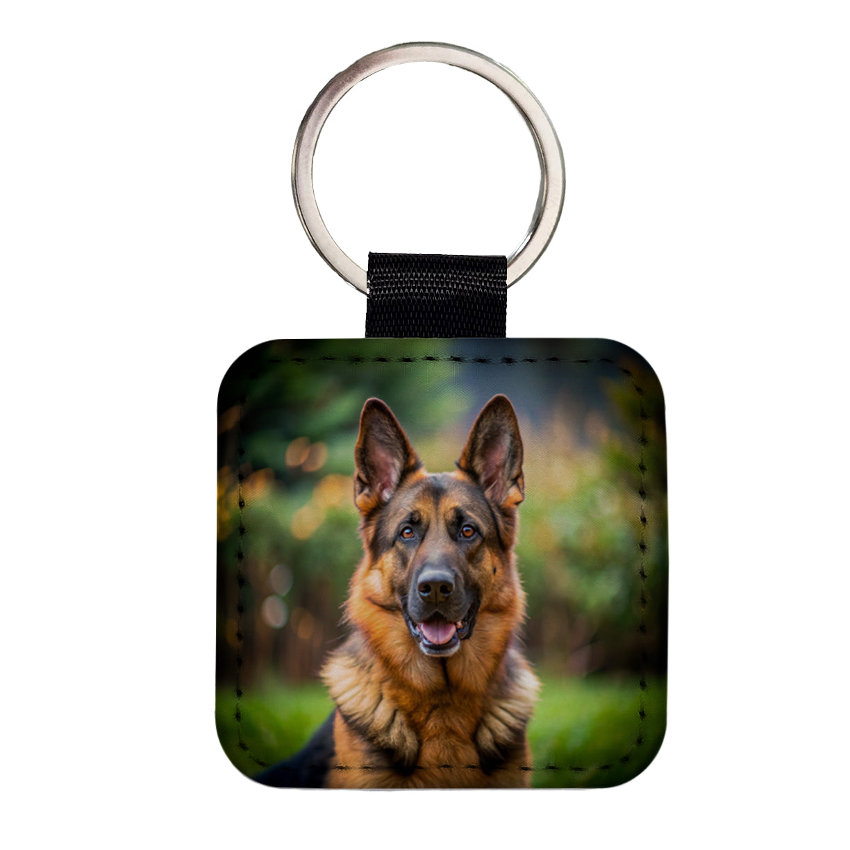 German Shepherd Dog Photo Square Faux Leather Keychain