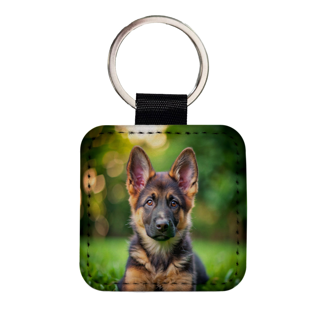 German Shepherd Dog Puppy Photo Square Faux Leather Keychain