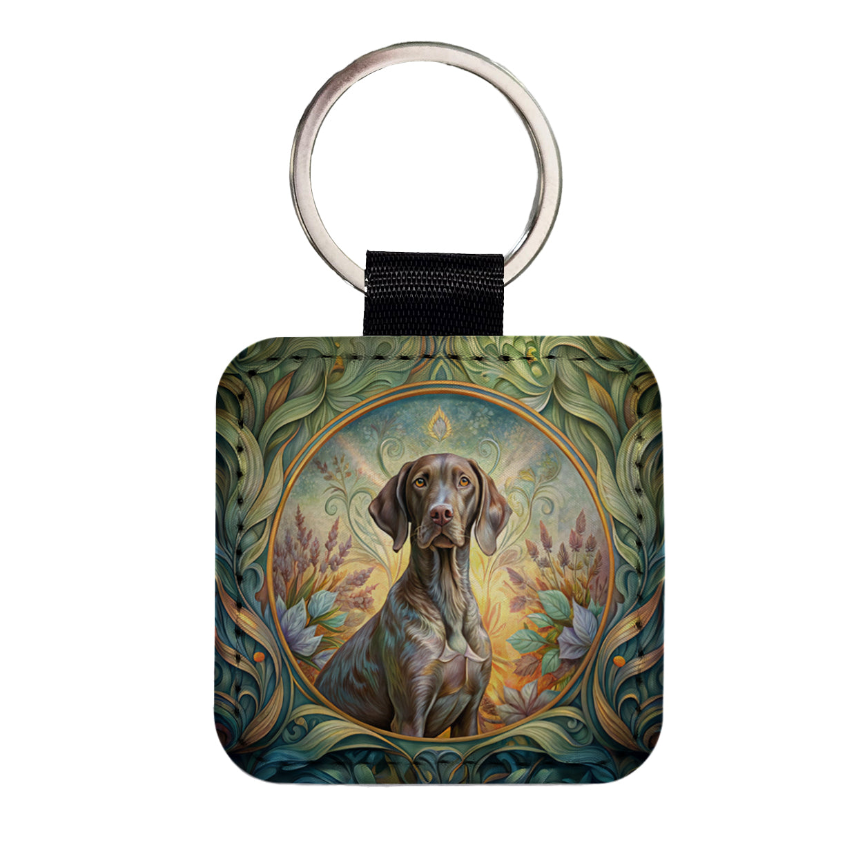 German Shorthaired Pointer Dog Art Nouveau Square Faux Leather Keychain