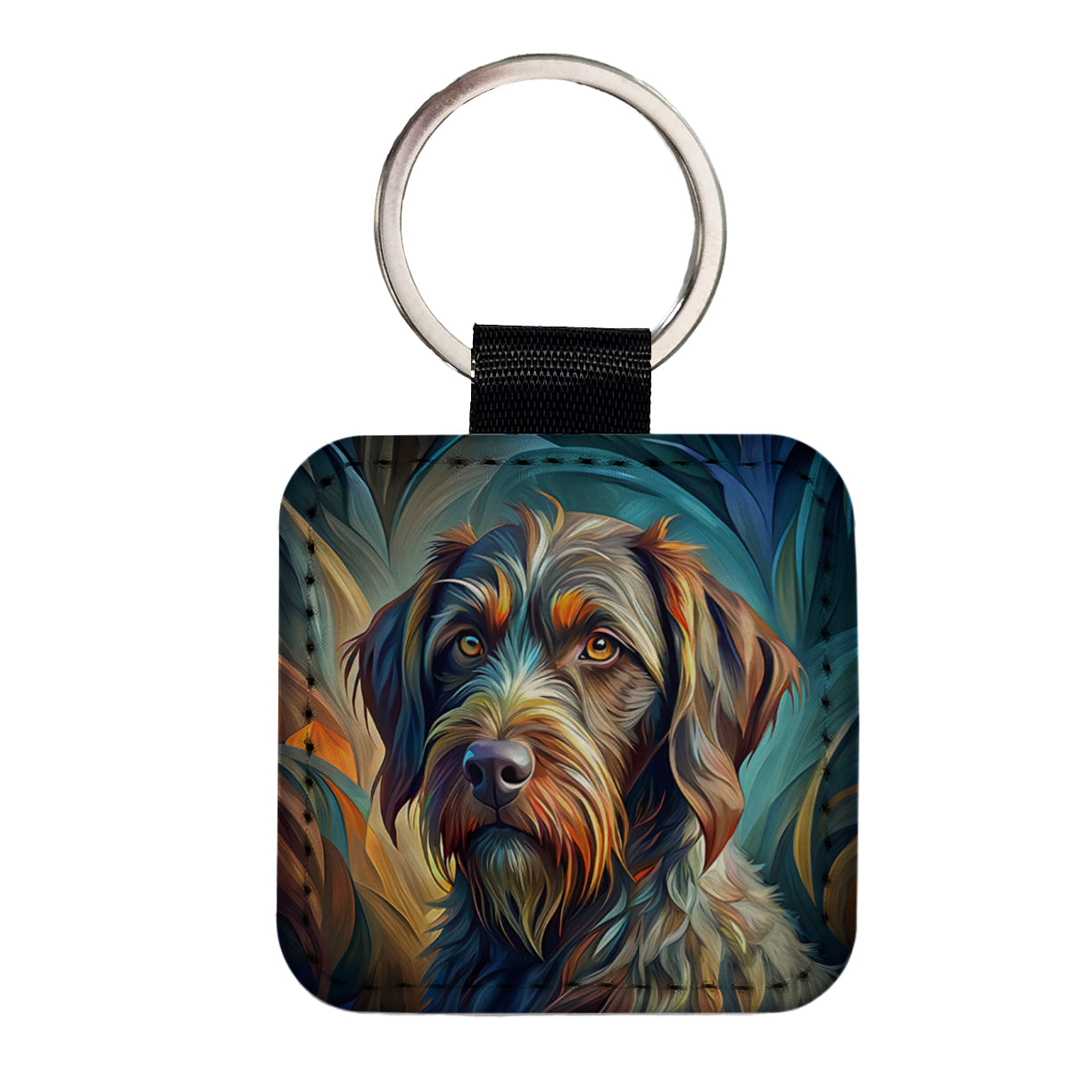 German Wirehaired Pointer Dog Abstract Stylized Art Square Faux Leather Keychain