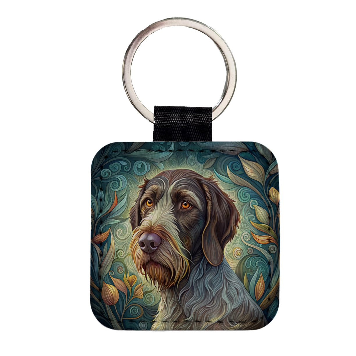 German Wirehaired Pointer Dog Art Nouveau Square Faux Leather Keychain