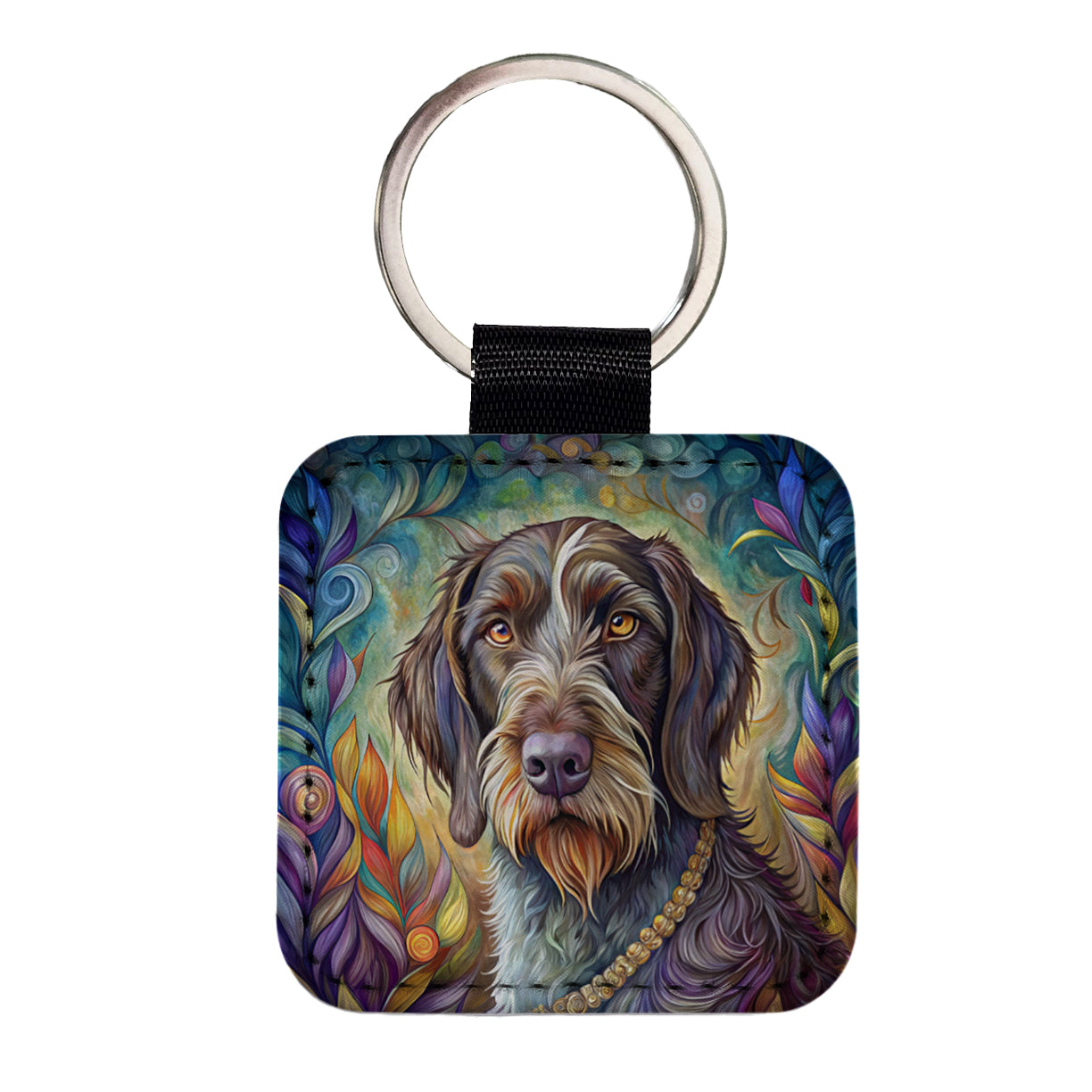 German Wirehaired Pointer Dog Bohemian Art Square Faux Leather Keychain