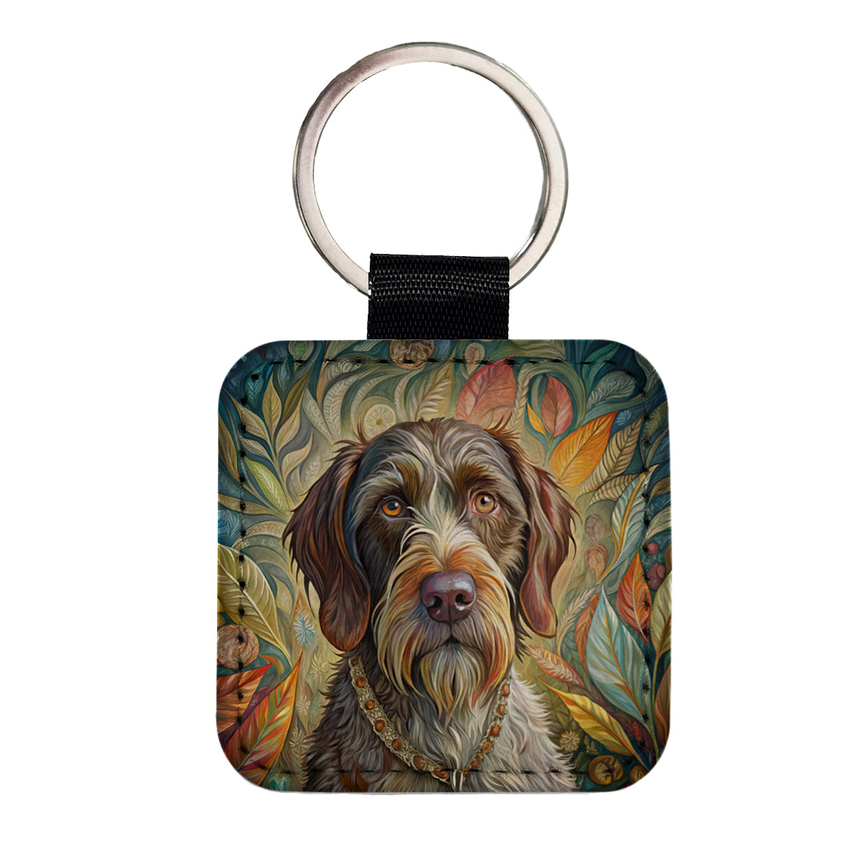 German Wirehaired Pointer Dog French Bohemian Art Square Faux Leather Keychain