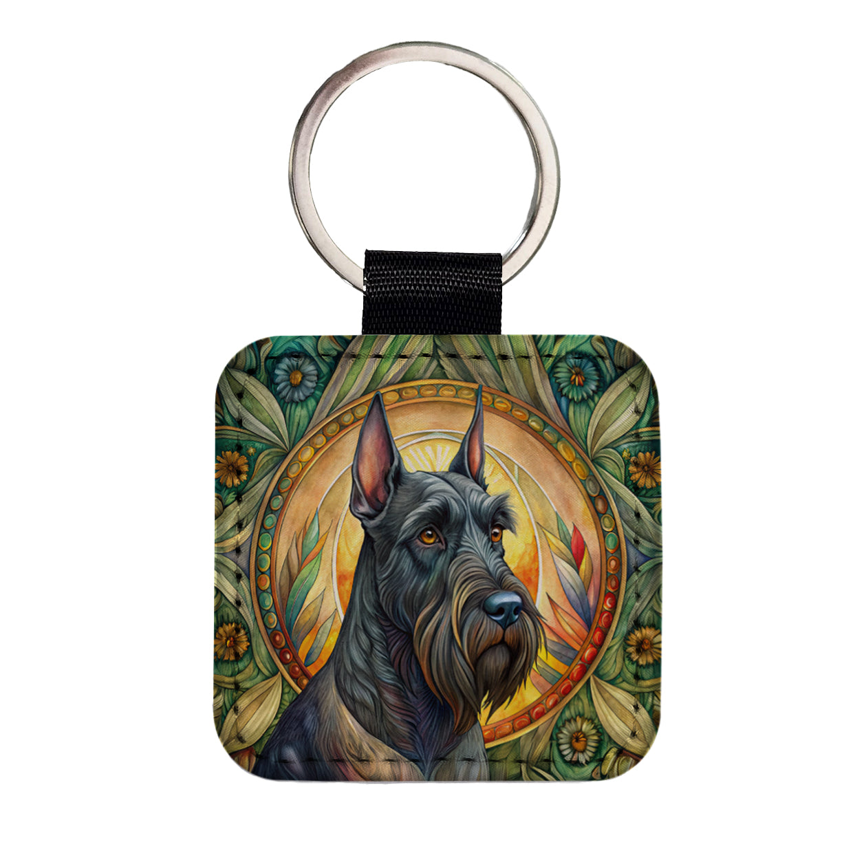 Giant Schnauzer Dog Art Nouveau Square Faux Leather Keychain