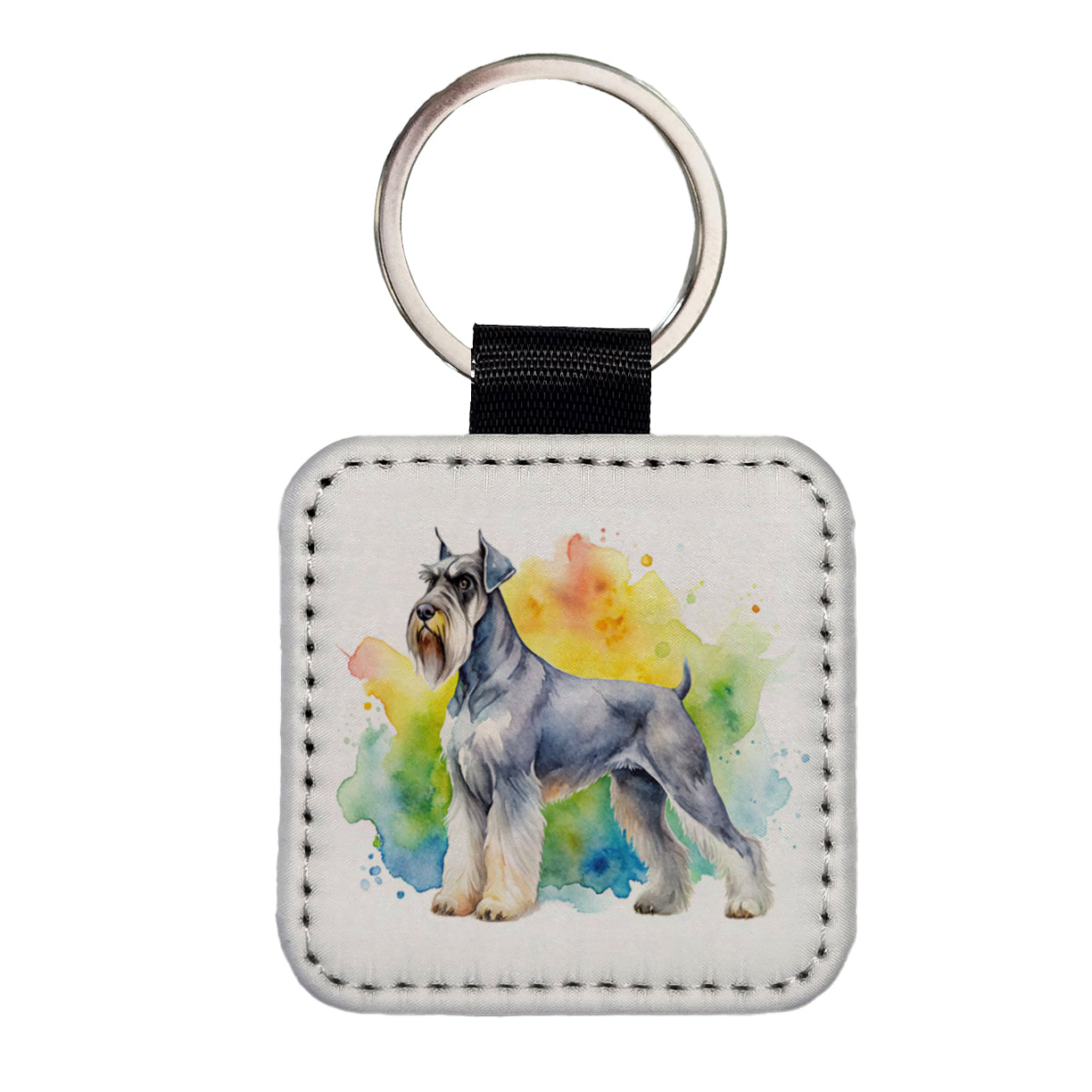 Giant Schnauzer Dog Watercolor Style Square Faux Leather Keychain