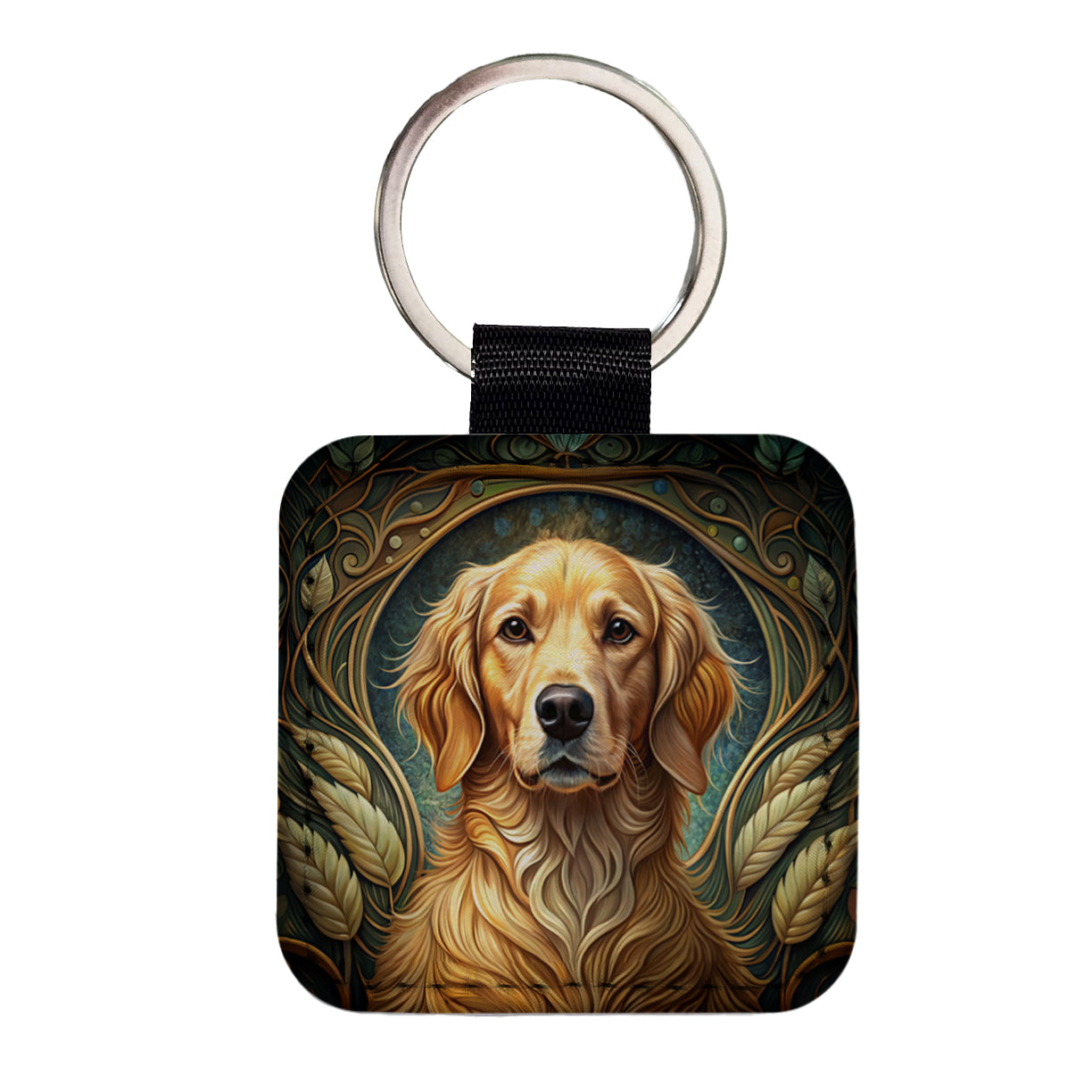 Golden Retriever Dog Art Nouveau Square Faux Leather Keychain