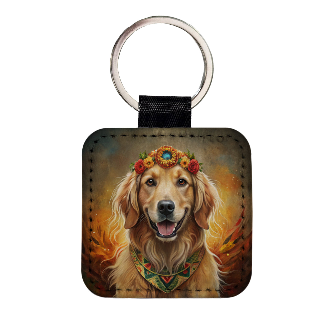 Golden Retriever Dog Bohemian Art Square Faux Leather Keychain