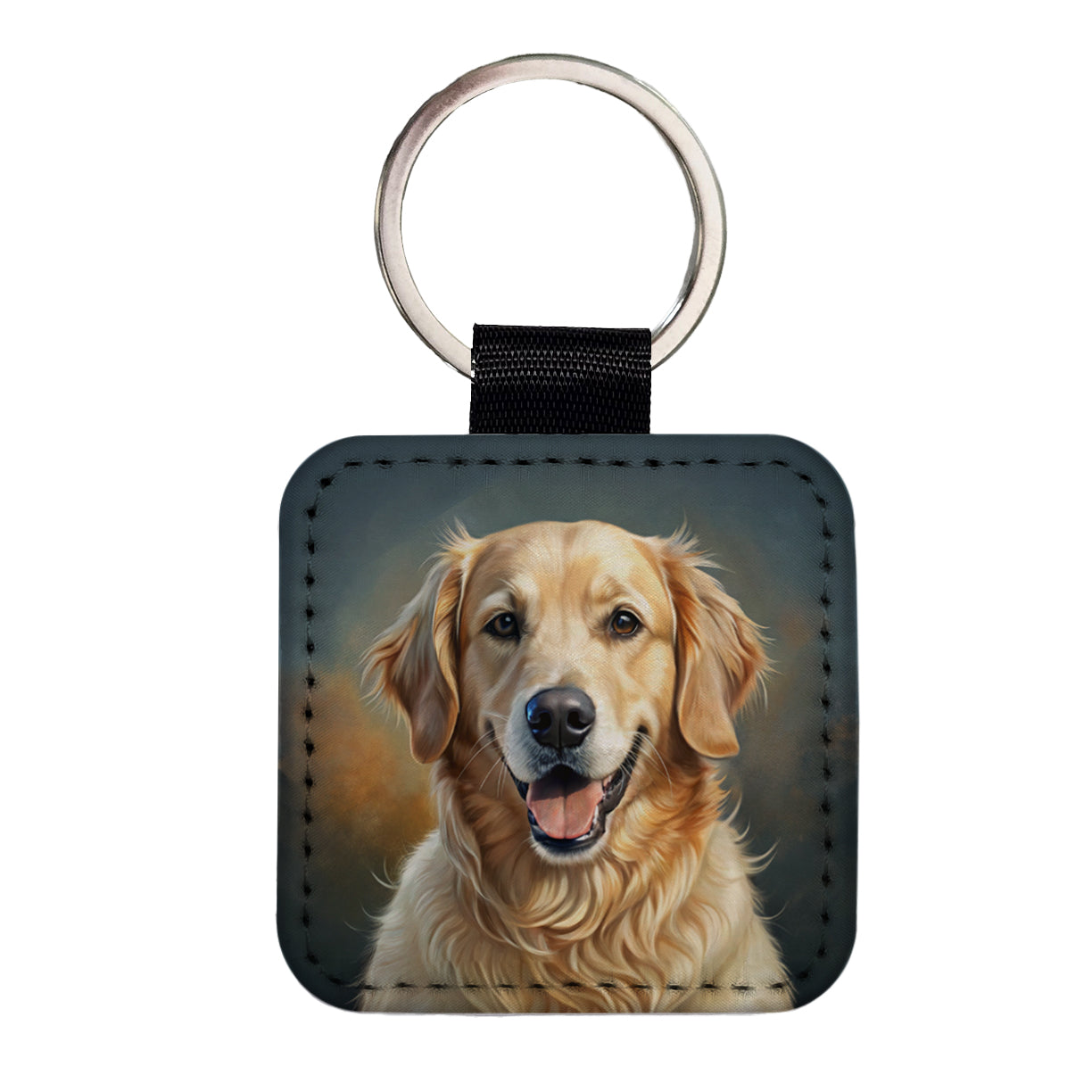 Golden Retriever Dog Illustration Square Faux Leather Keychain
