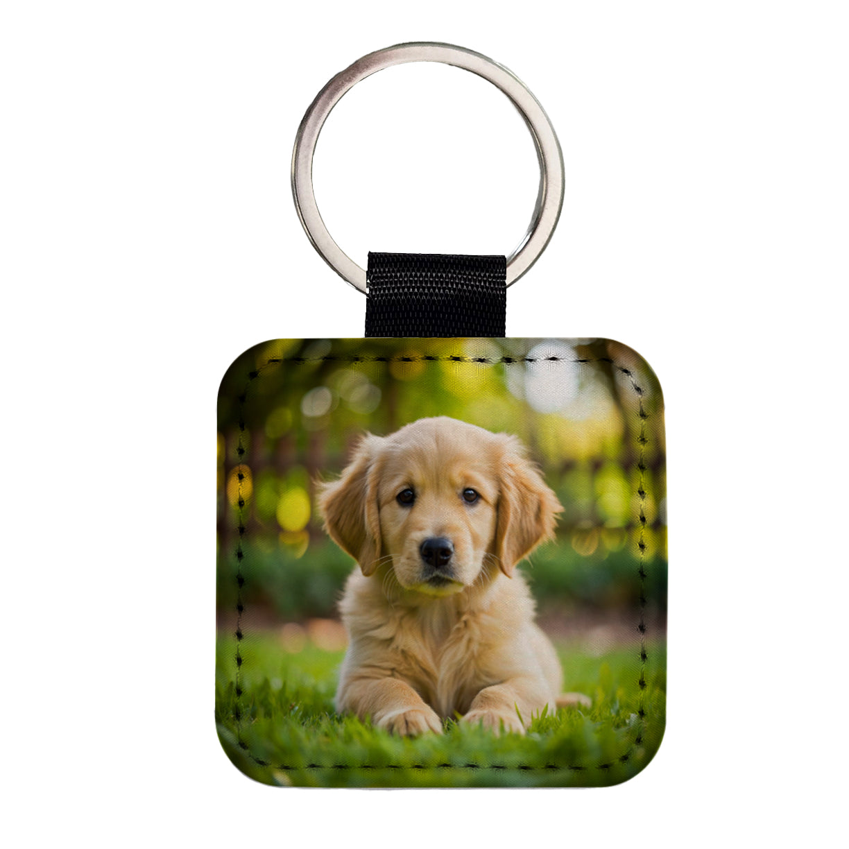 Golden Retriever Dog Puppy Photo Square Faux Leather Keychain