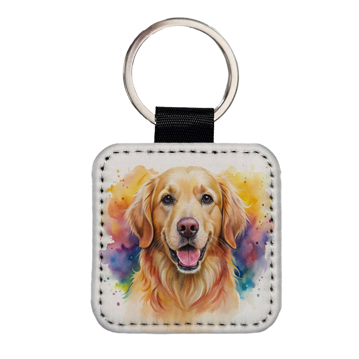 Golden Retriever Dog Watercolor Style Square Faux Leather Keychain