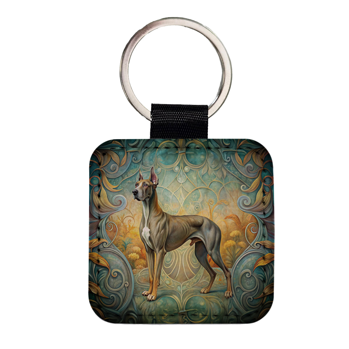 Great Dane Dog Art Nouveau Square Faux Leather Keychain