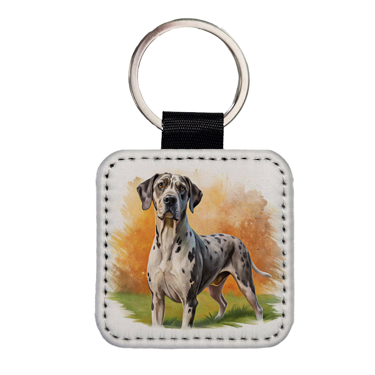 Great Dane Dog Illustration Square Faux Leather Keychain