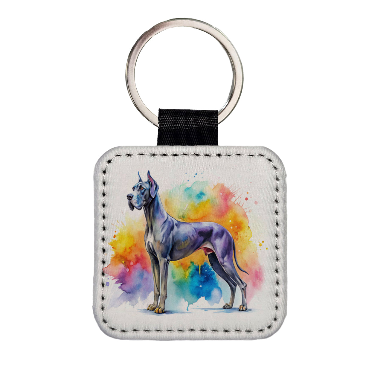 Great Dane Dog Watercolor Style Square Faux Leather Keychain