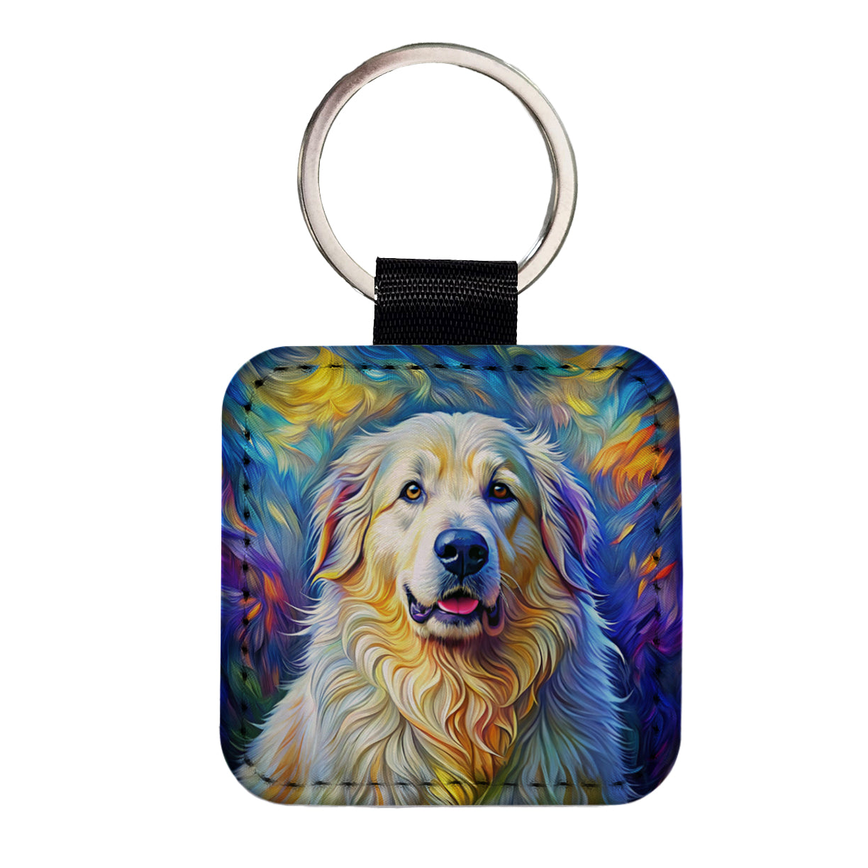 Great Pyrenees Dog Expressionism Art Square Faux Leather Keychain