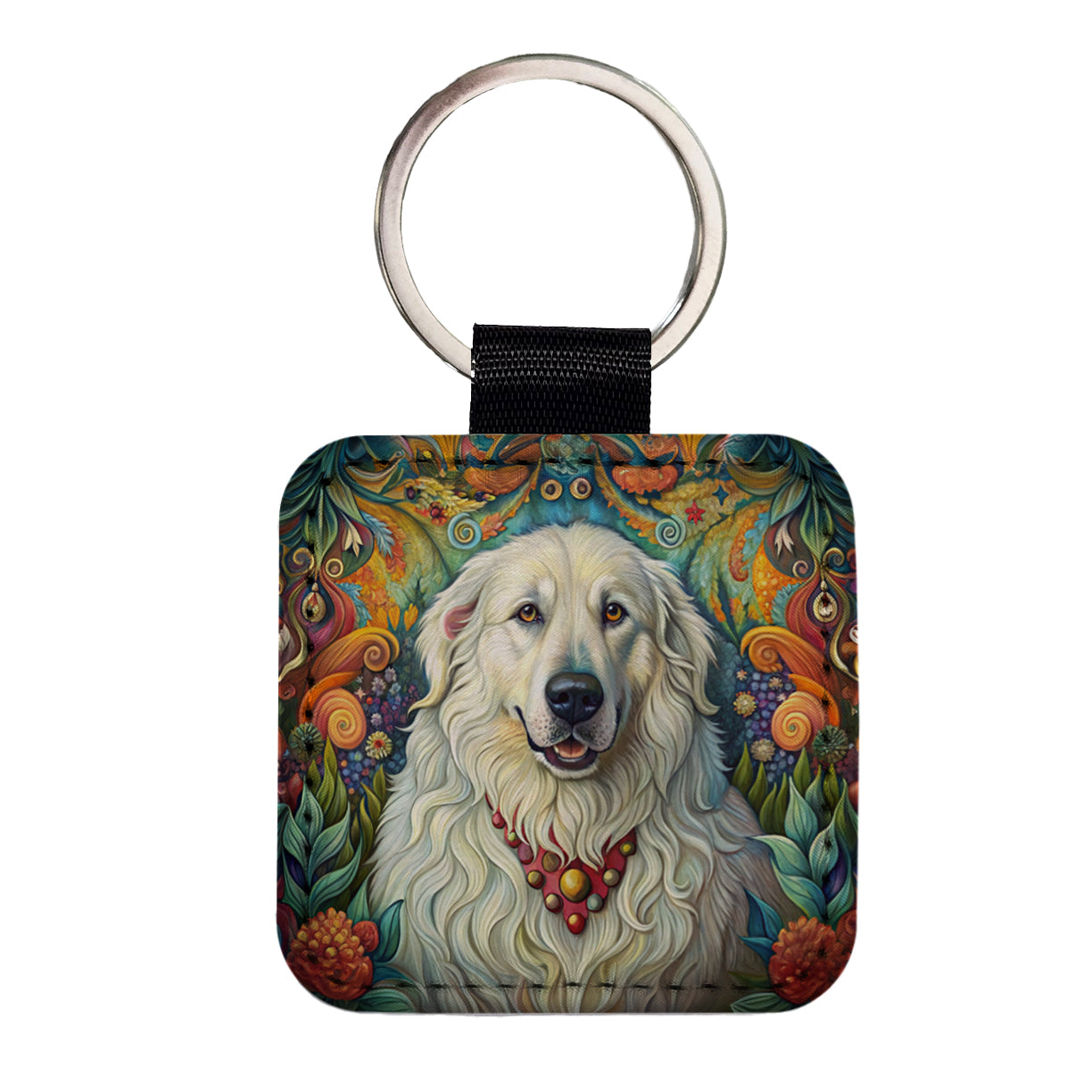 Great Pyrenees Dog French Bohemian Art Square Faux Leather Keychain
