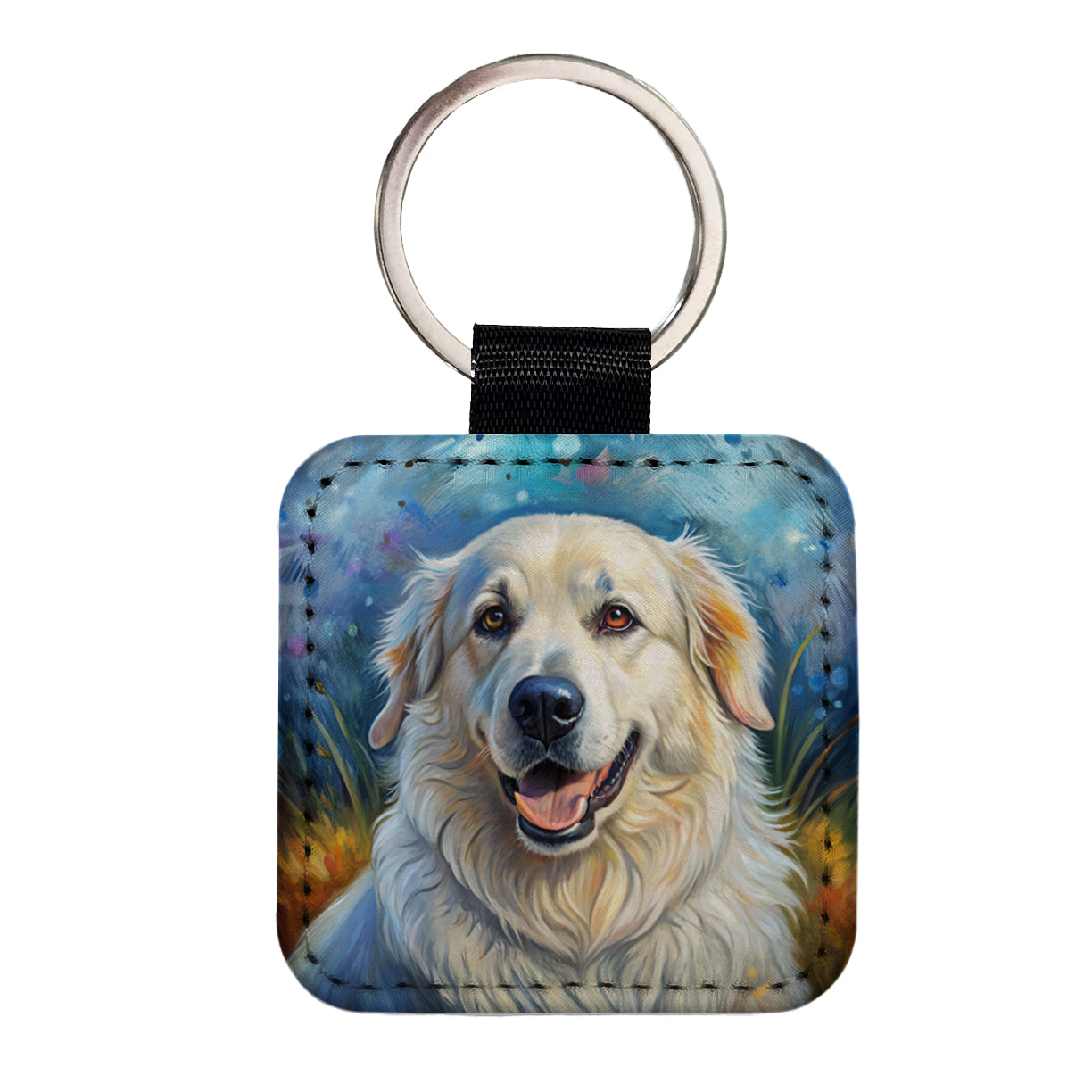 Great Pyrenees Dog Illustration Square Faux Leather Keychain