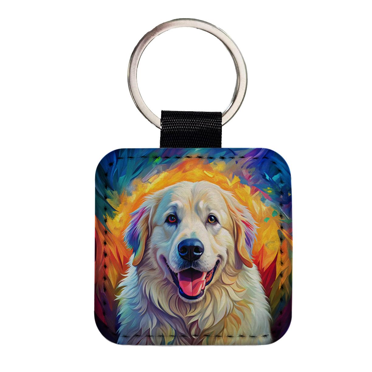 Great Pyrenees Dog Pop Art Square Faux Leather Keychain